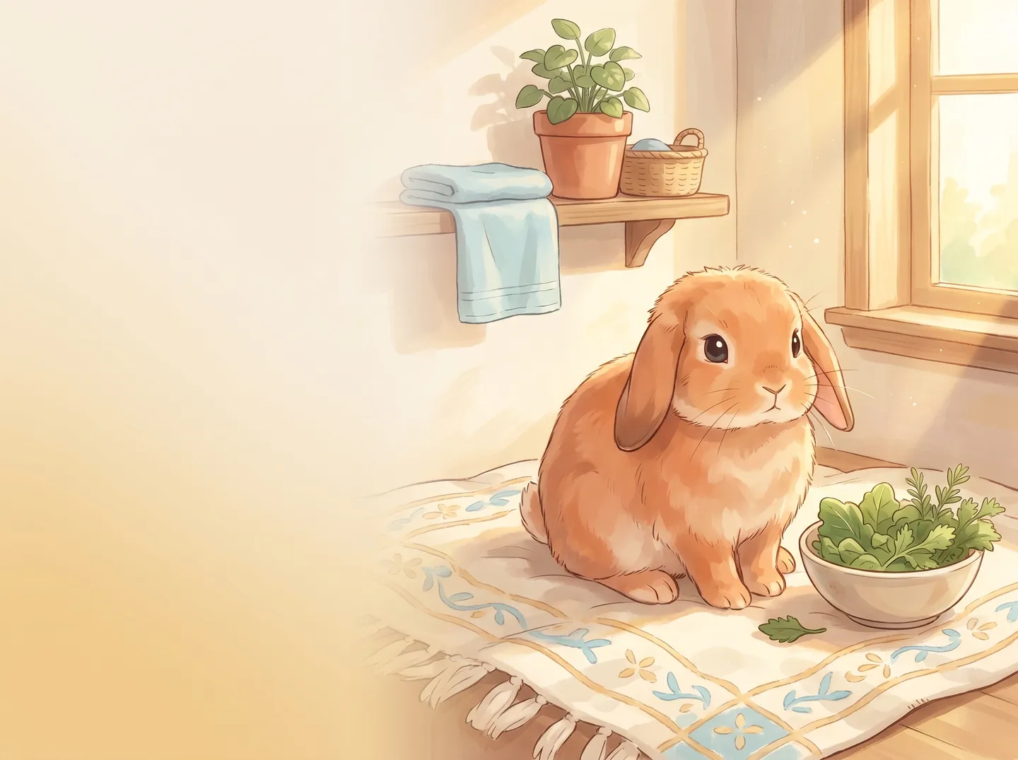 A Holland Lop rabbit resting beside a warm, illustrated care scene